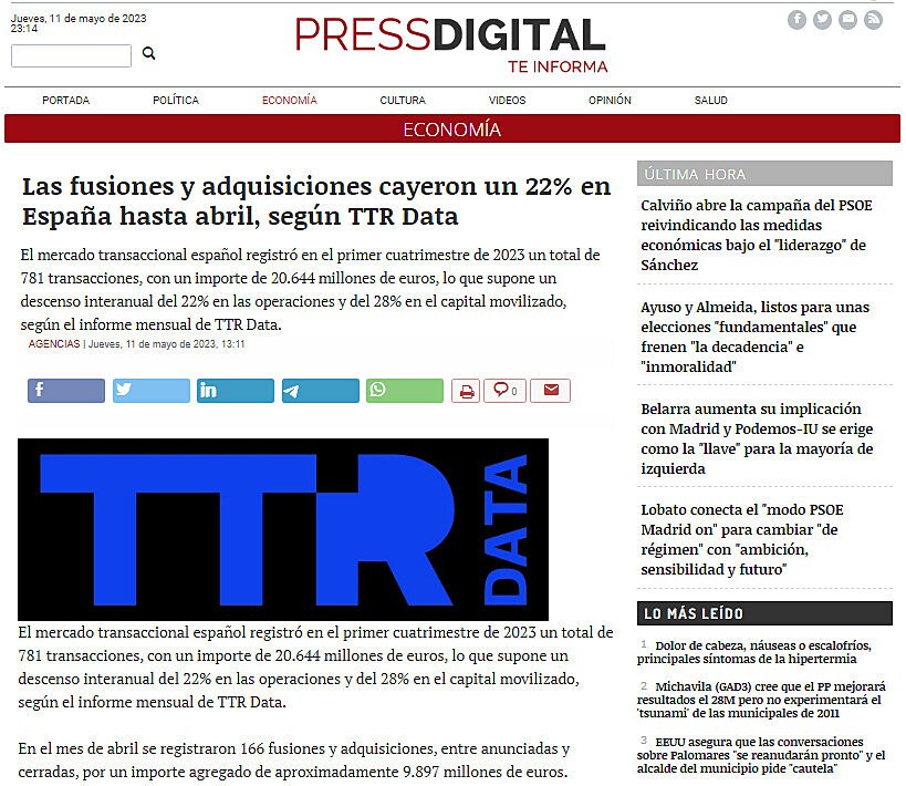 Las fusiones y adquisiciones cayeron un 22% en Espaa hasta abril, segn TTR Data